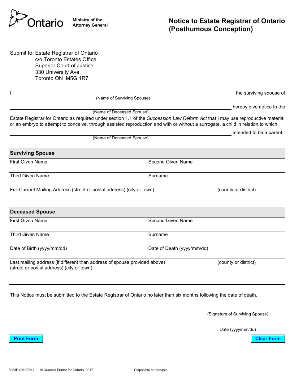 Form 3053E Notice to Estate Registrar of Ontario (Posthumous Conception) - Ontario, Canada, Page 1