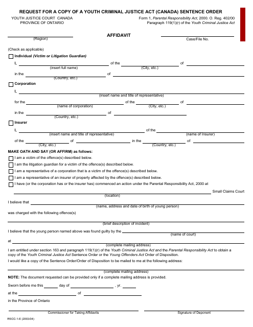 Form 1 Request for a Copy of a Youth Criminal Justice Act (Canada) Sentence Order - Ontario, Canada