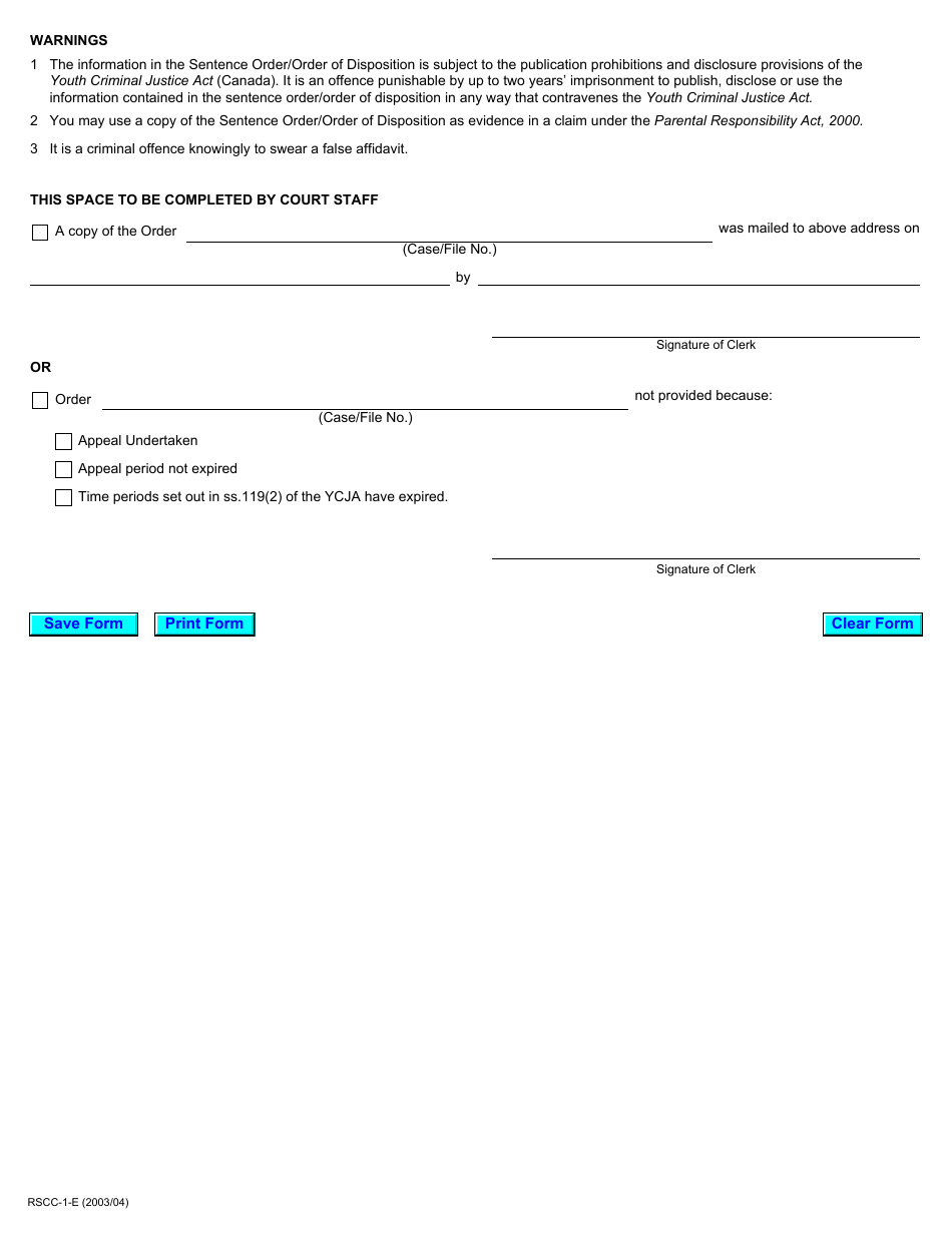 Form 1 Request for a Copy of a Youth Criminal Justice Act (Canada) Sentence Order - Ontario, Canada, Page 2