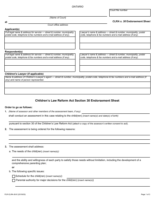 Children's Law Reform Act Section 30 Endorsement Sheet - Ontario, Canada Download Pdf