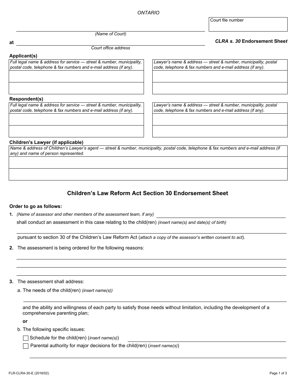 Childrens Law Reform Act Section 30 Endorsement Sheet - Ontario, Canada, Page 1