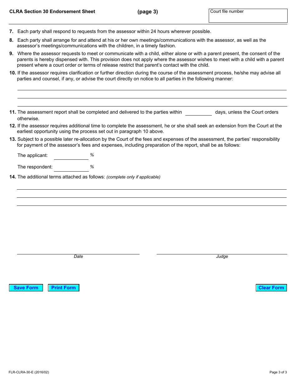 Ontario Canada Children's Law Reform Act Section 30 Endorsement Sheet ...