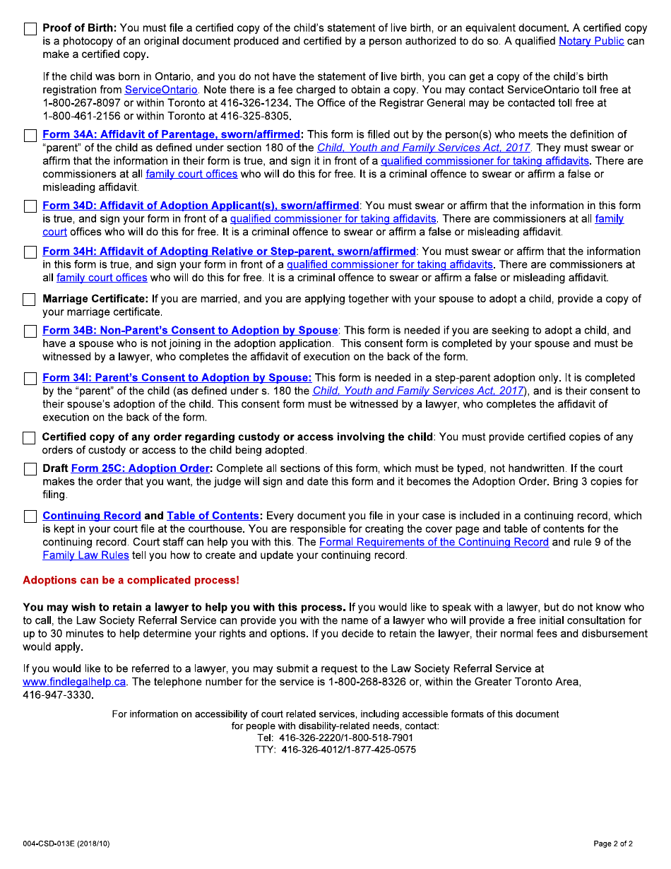 Form 004-CSD-013E Family Adoption Checklist - Ontario, Canada, Page 2