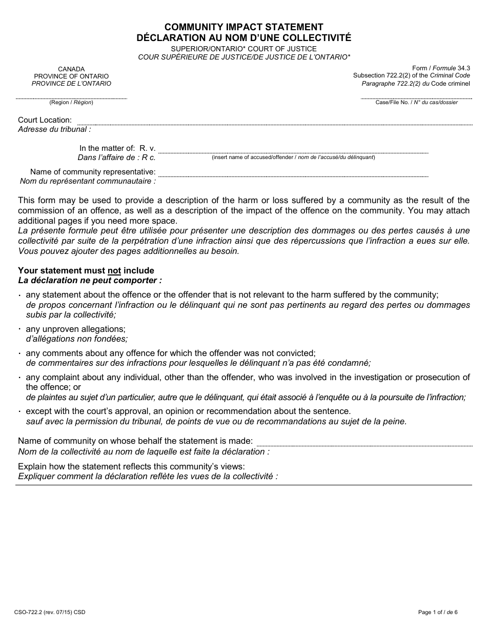 Form 34.3 Community Impact Statement - Ontario, Canada (English / French), Page 1