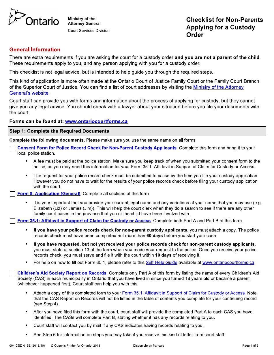 Form 004-CSD-015E Checklist for Non-parents Applying for a Custody Order - Ontario, Canada, Page 1