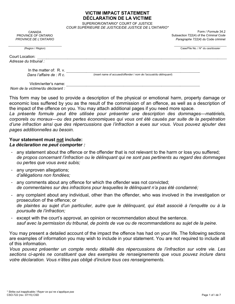 Form 34.2 Victim Impact Statement - Ontario, Canada (English / French), Page 1
