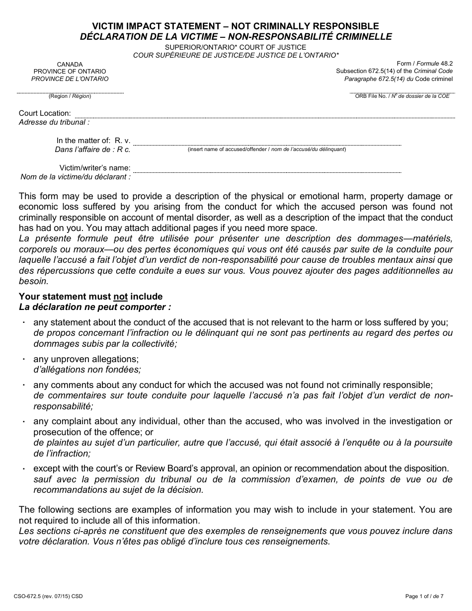 Form 48.2 Victim Impact Statement - Not Criminally Responsible - Ontario, Canada (English / French), Page 1