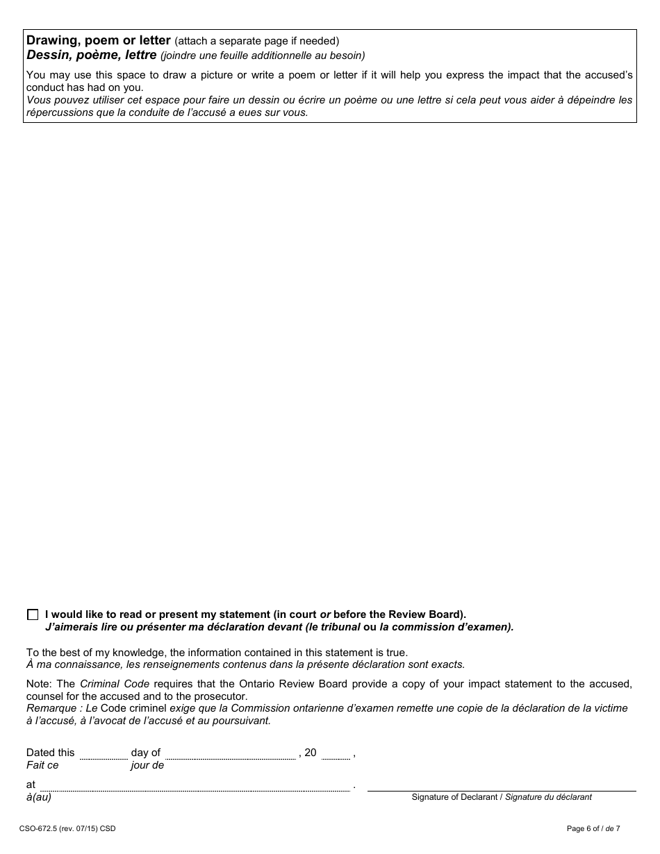 Form 48.2 Victim Impact Statement - Not Criminally Responsible - Ontario, Canada (English / French), Page 6