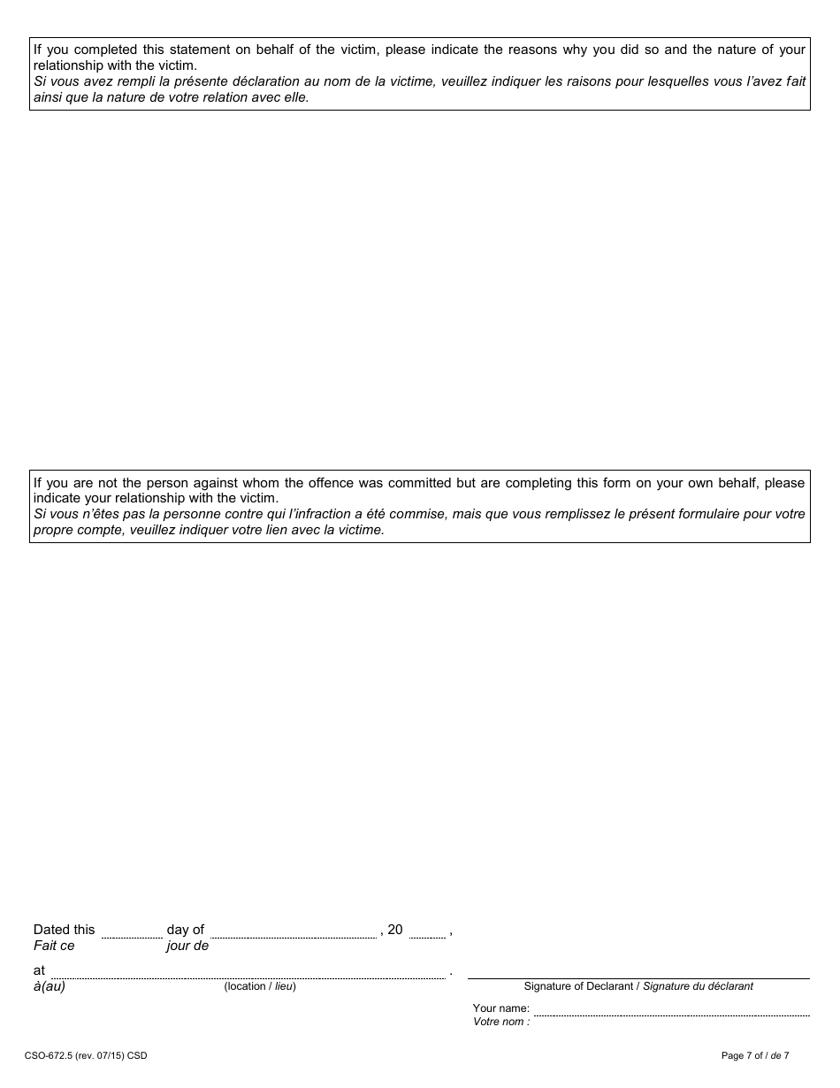 Form 48.2 Victim Impact Statement - Not Criminally Responsible - Ontario, Canada (English / French), Page 7