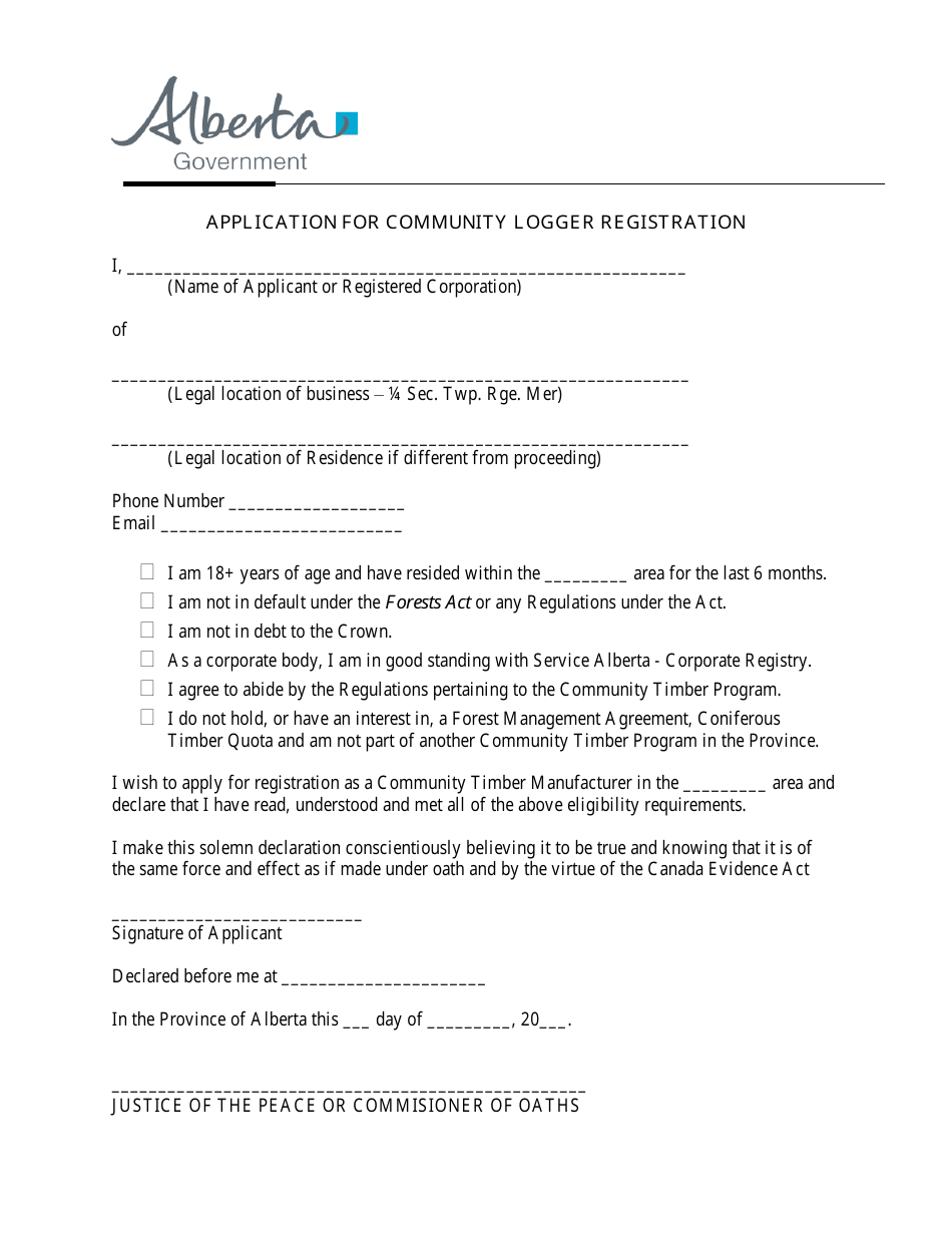Application for Community Logger Registration - Alberta, Canada, Page 1
