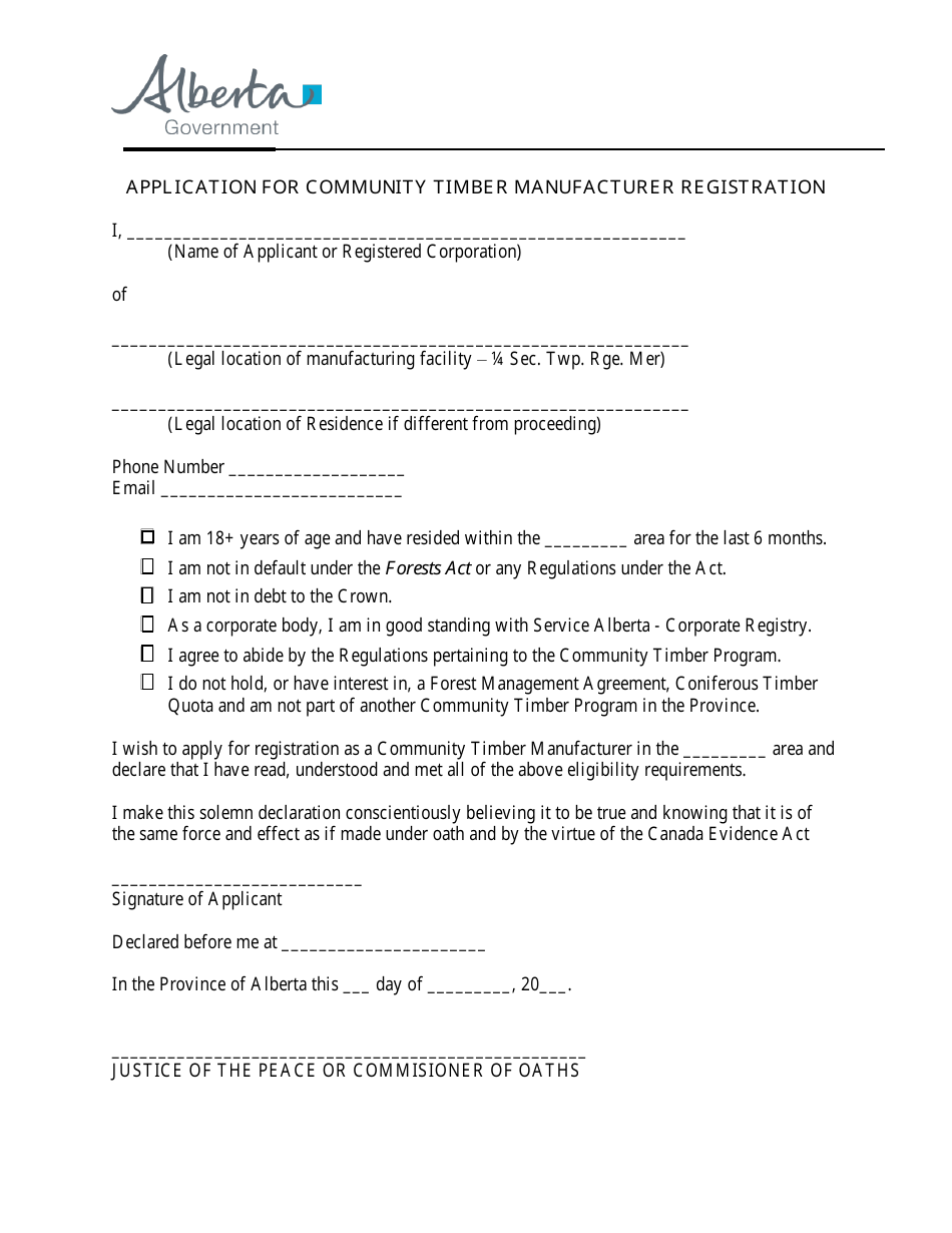 Application for Community Timber Manufacturer Registration - Alberta, Canada, Page 1