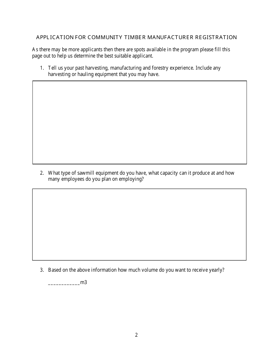 Application for Community Timber Manufacturer Registration - Alberta, Canada, Page 2