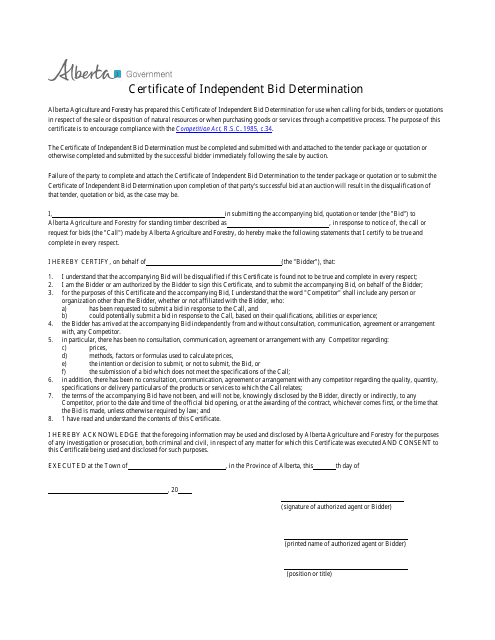 Certificate of Independent Bid Determination - Alberta, Canada Download Pdf