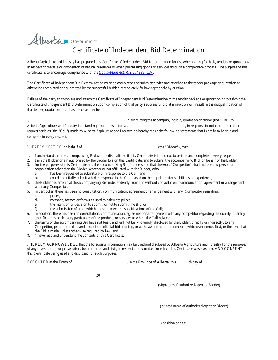 Certificate of Independent Bid Determination - Alberta, Canada, Page 1