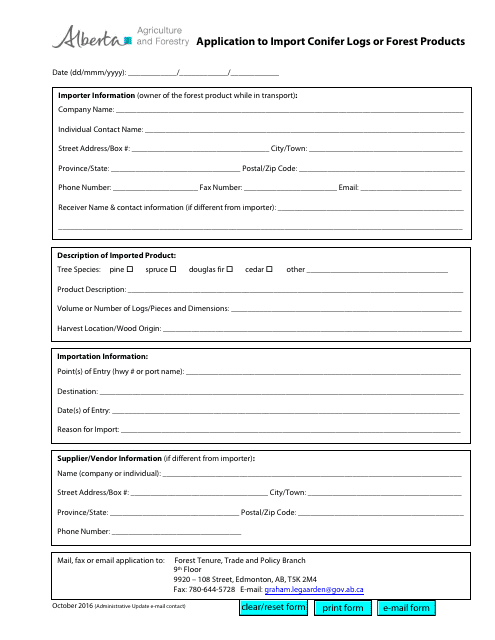 Application to Import Conifer Logs or Forest Products - Alberta, Canada Download Pdf
