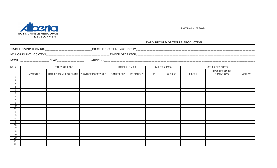Form TM97 Daily Record of Timber Production - Alberta, Canada, Page 1