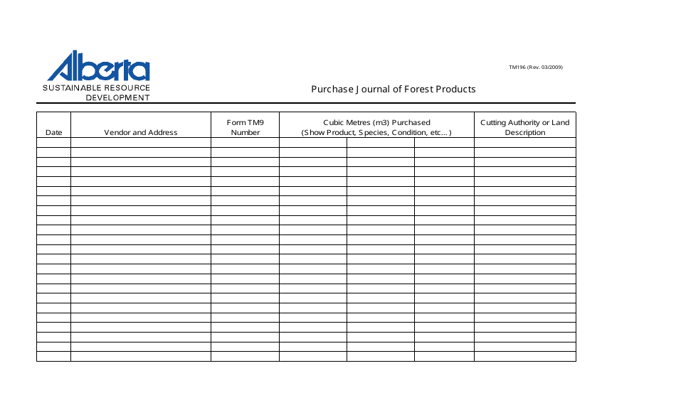 Form TM196 Purchase Journal of Forest Products - Alberta, Canada, Page 1