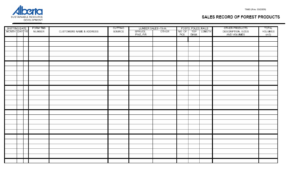 Form TM65 Sales Record of Forest Products - Alberta, Canada, Page 1