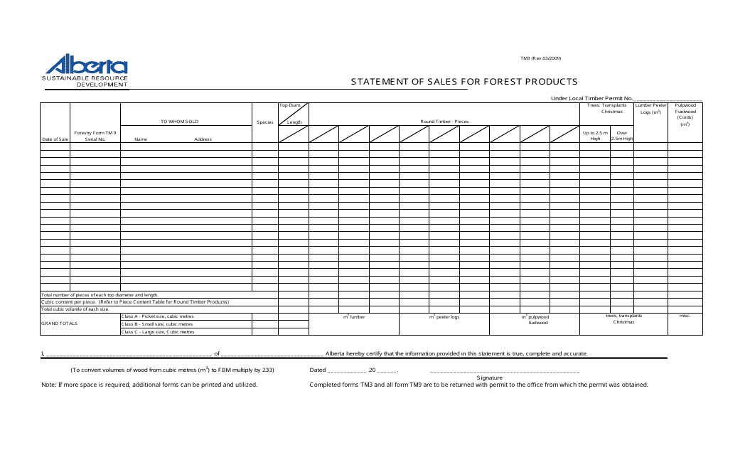 Form TM3 Statement of Sales of Forest Products - Alberta, Canada