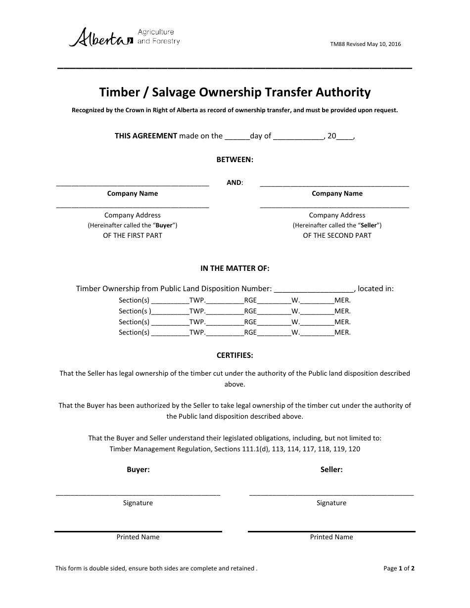 Form TM88 Timber / Salvage Ownership Transfer Authority - Alberta, Canada, Page 1