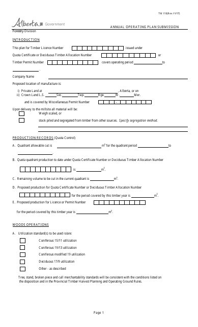 Form TM118 Annual Operating Plan Submission - Alberta, Canada