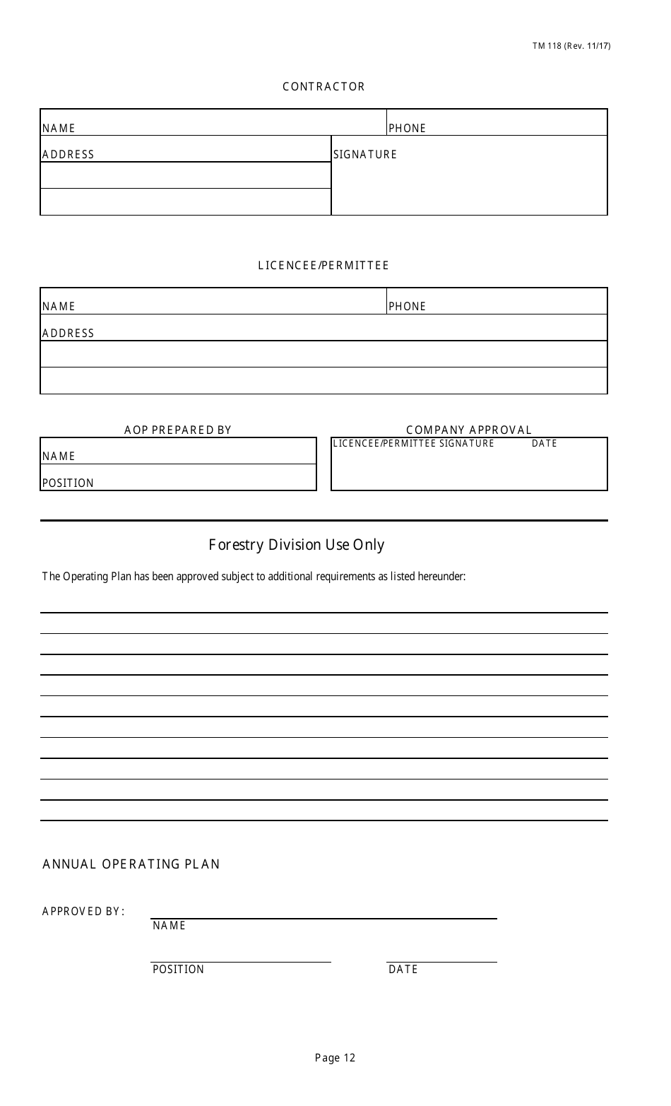 Form TM118 Annual Operating Plan Submission - Alberta, Canada, Page 12