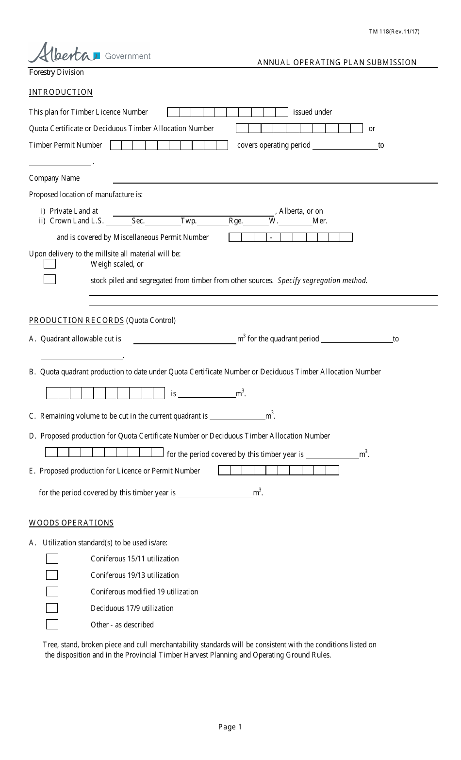 Form TM118 Annual Operating Plan Submission - Alberta, Canada, Page 1