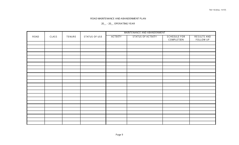 Form TM118 Annual Operating Plan Submission - Alberta, Canada, Page 9
