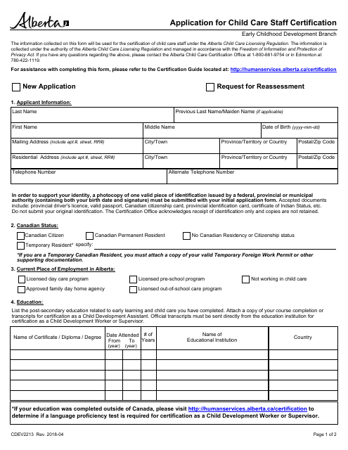 Form CDEV2213 Application for Child Care Staff Certification - Alberta, Canada