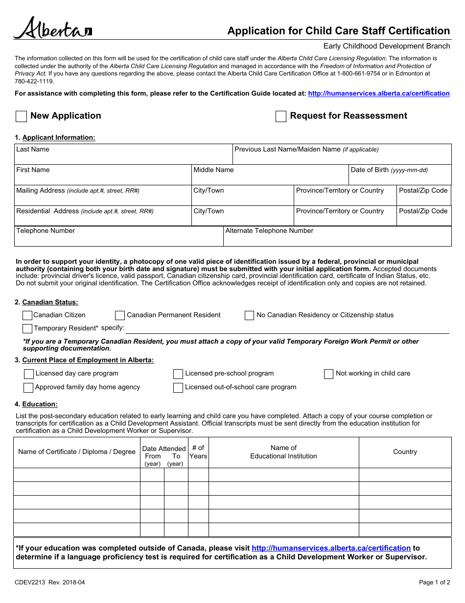 Form CDEV2213 Application for Child Care Staff Certification - Alberta, Canada, Page 1