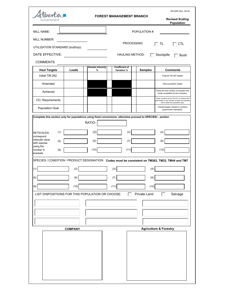 Form TM262R Revised Scaling Population - Alberta, Canada, Page 1