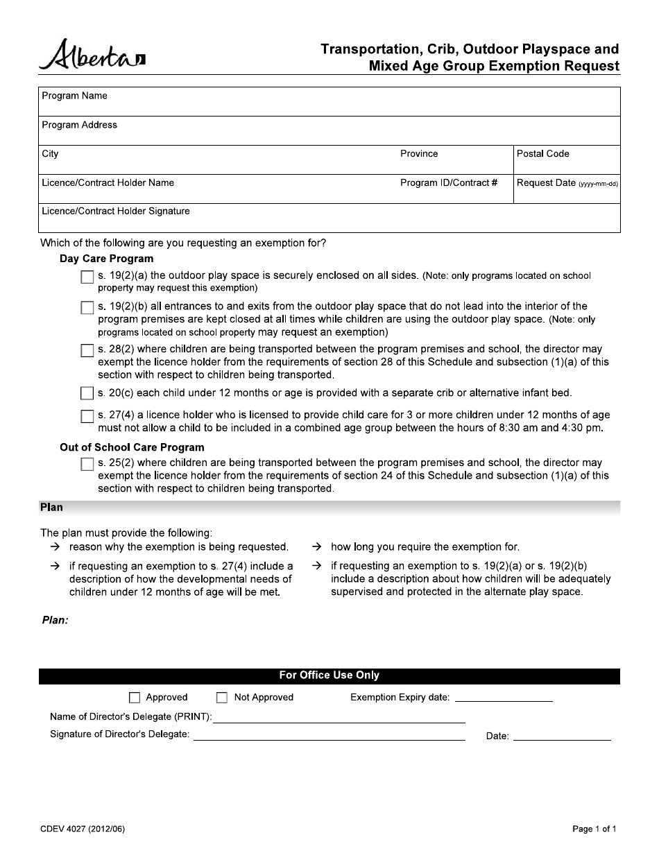 Transportation, Crib, Outdoor Playspace and Mixed Age Group Exemption Request - Alberta, Canada, Page 1