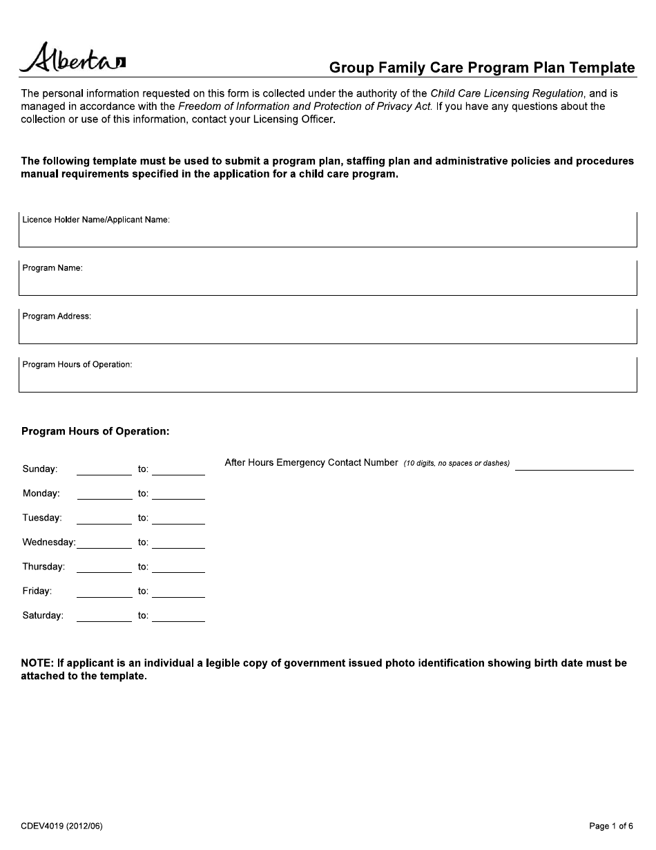 Form CDEV4019 Group Family Care Program Plan Template - Alberta, Canada, Page 1