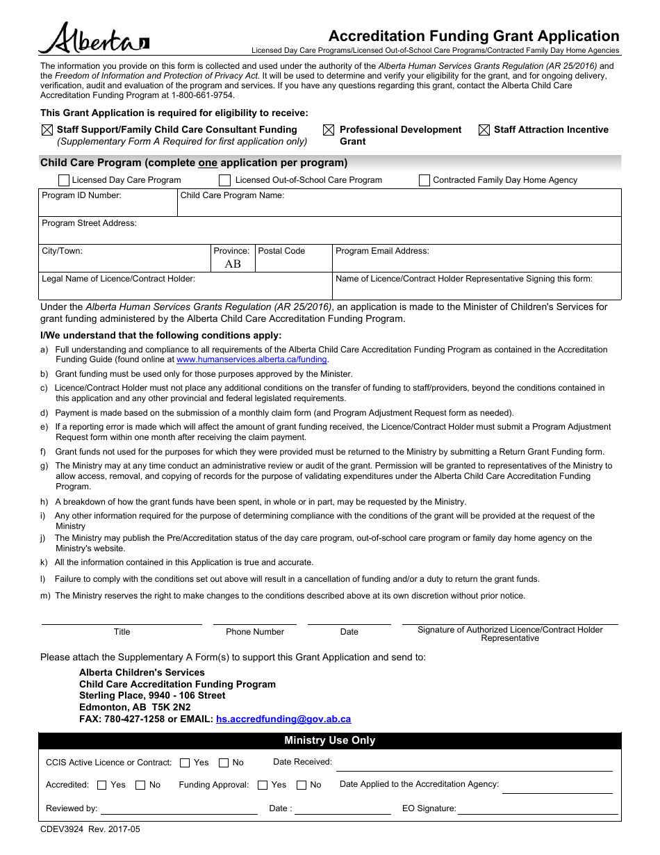 Form CDEV3924 Accreditation Funding Grant Application - Alberta, Canada, Page 1