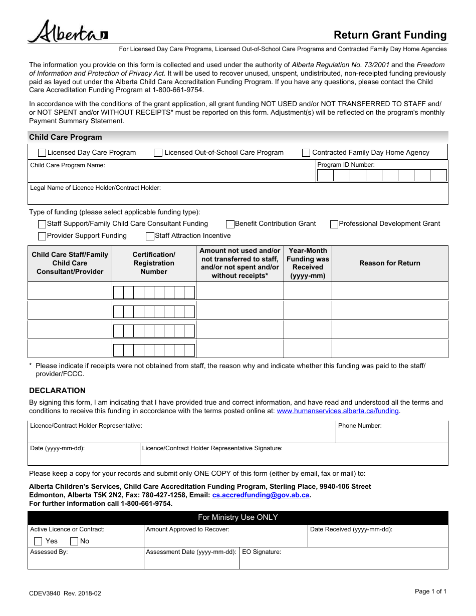 Form CDEV3940 Return Grant Funding - Alberta, Canada, Page 1