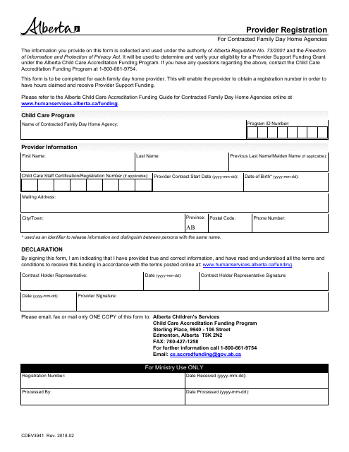 Form CDEV3941 Provider Registration for Contracted Family Day Home Agencies - Alberta, Canada