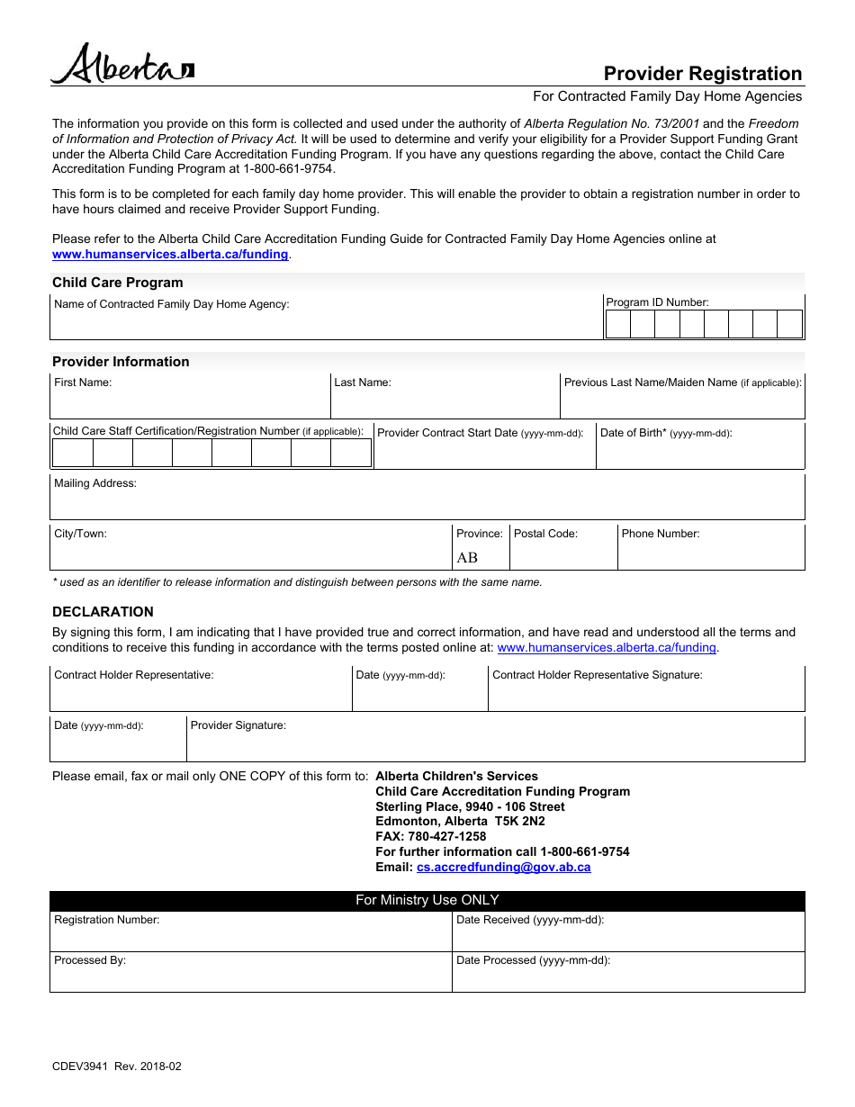 Form CDEV3941 Provider Registration for Contracted Family Day Home Agencies - Alberta, Canada, Page 1