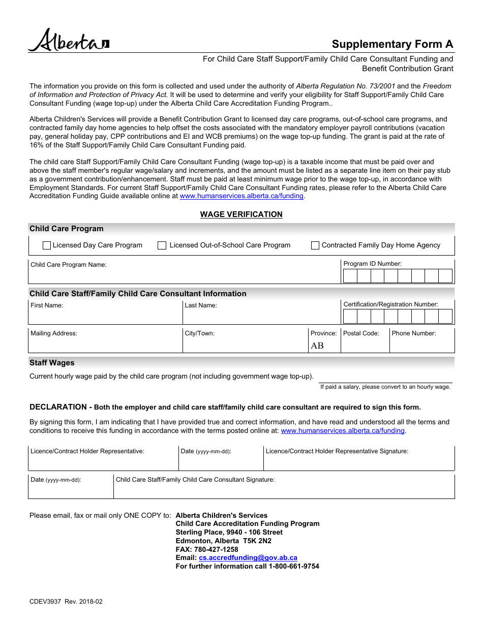 Form CDEV3937 Supplement A Accreditation Funding Grant Application - Alberta, Canada, Page 1