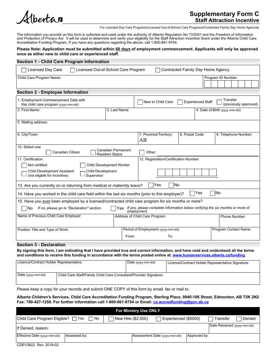Form CDEV3922 Supplement C Staff Attraction Incentive - Alberta, Canada, Page 1