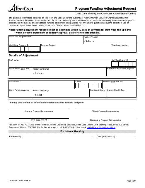 Form CDEV4051 Program Funding Adjustment Request - Alberta, Canada