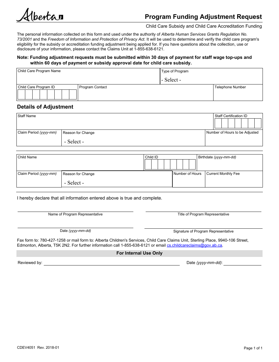 Form CDEV4051 Program Funding Adjustment Request - Alberta, Canada, Page 1