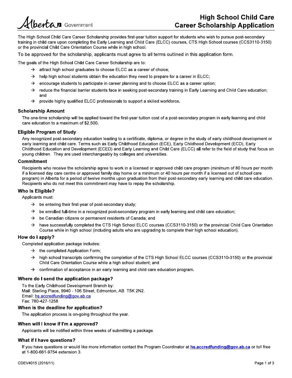 Form CDEV4015 High School Child Care Career Scholarship Application - Alberta, Canada, Page 1