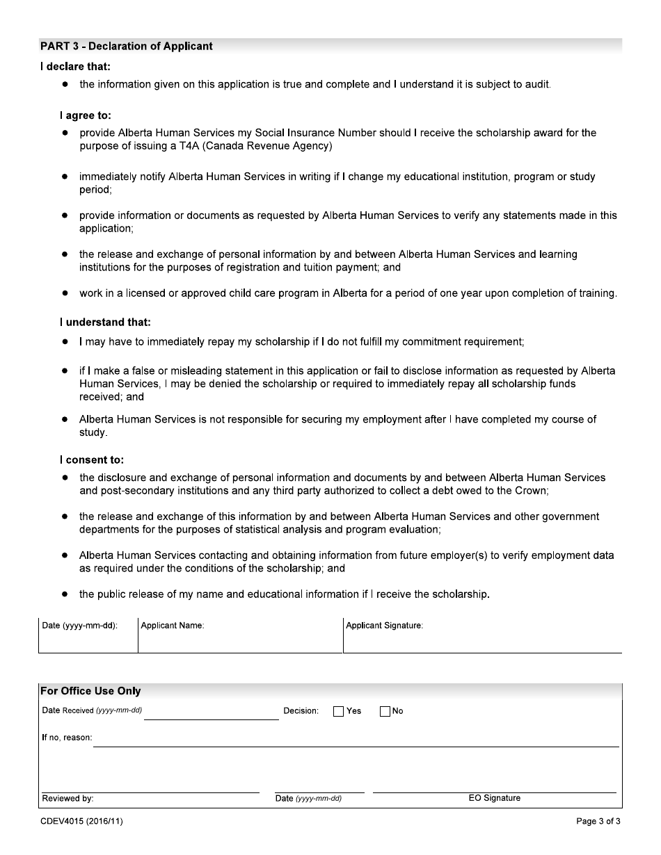 Form CDEV4015 High School Child Care Career Scholarship Application - Alberta, Canada, Page 3