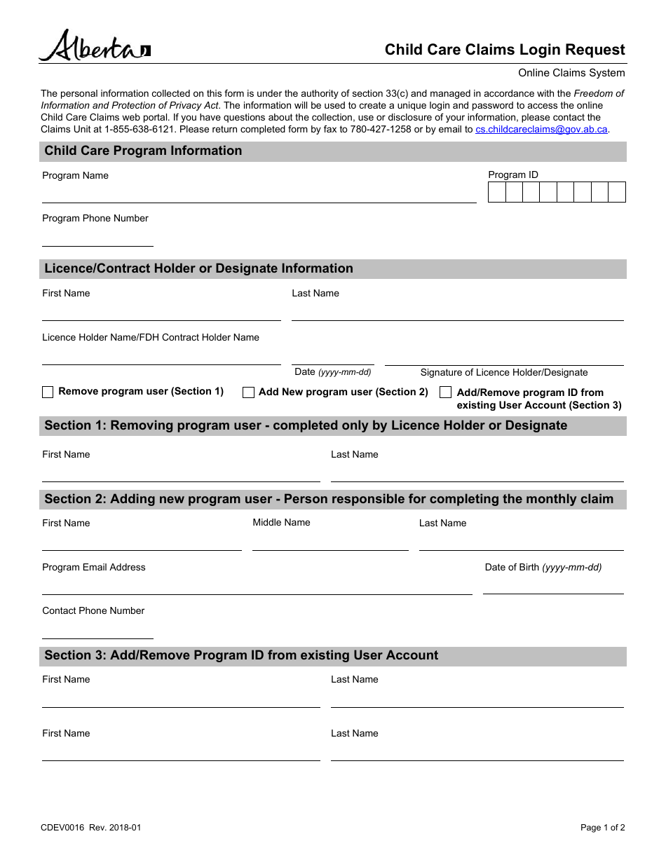 Form CDEV0016 Fill Out Sign Online And Download Fillable PDF   Form Cdev0016 Child Care Claims Login Request Form Alberta Canada Print Big 