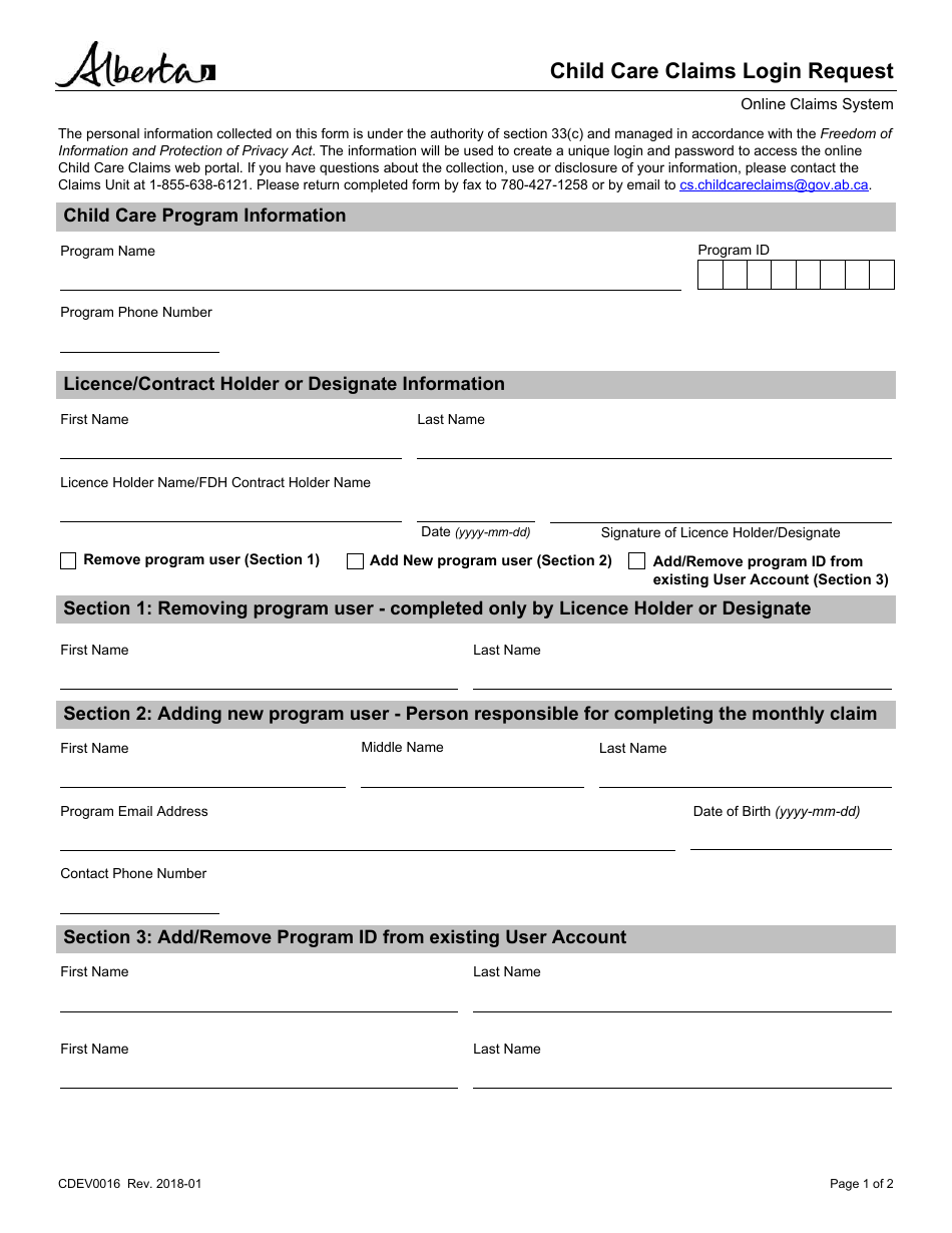 Form CDEV0016 Child Care Claims Login Request Form - Alberta, Canada, Page 1