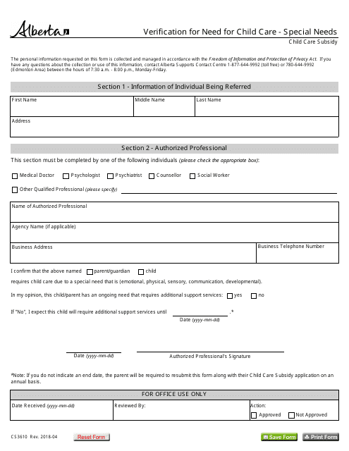 Form CS3610 Verification for Need for Child Care - Special Needs - Alberta, Canada