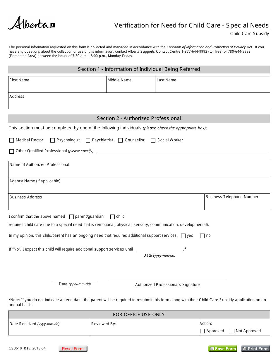 Form CS3610 Verification for Need for Child Care - Special Needs - Alberta, Canada, Page 1