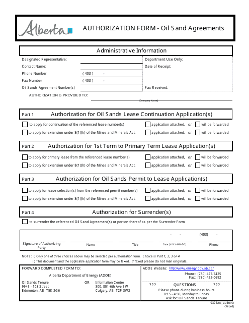 Authorization Form - Oil Sand Agreements - Alberta, Canada Download Pdf