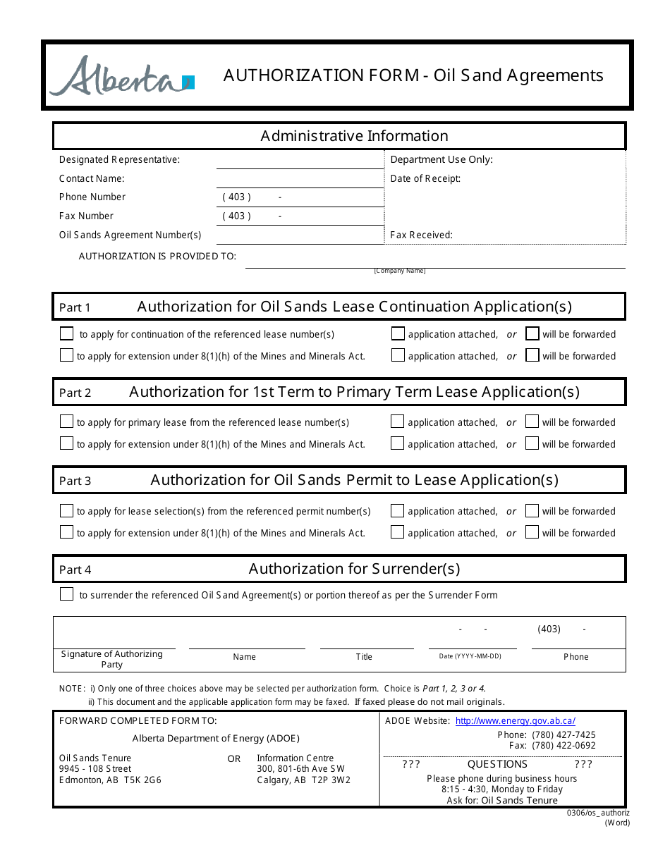 Alberta Canada Authorization Form Oil Sand Agreements Fill Out, Sign Online and Download PDF
