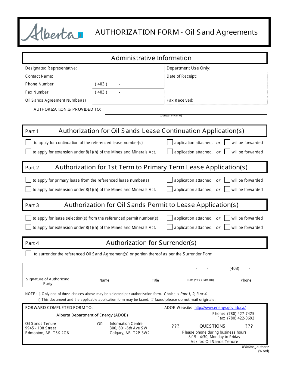 Authorization Form - Oil Sand Agreements - Alberta, Canada, Page 1